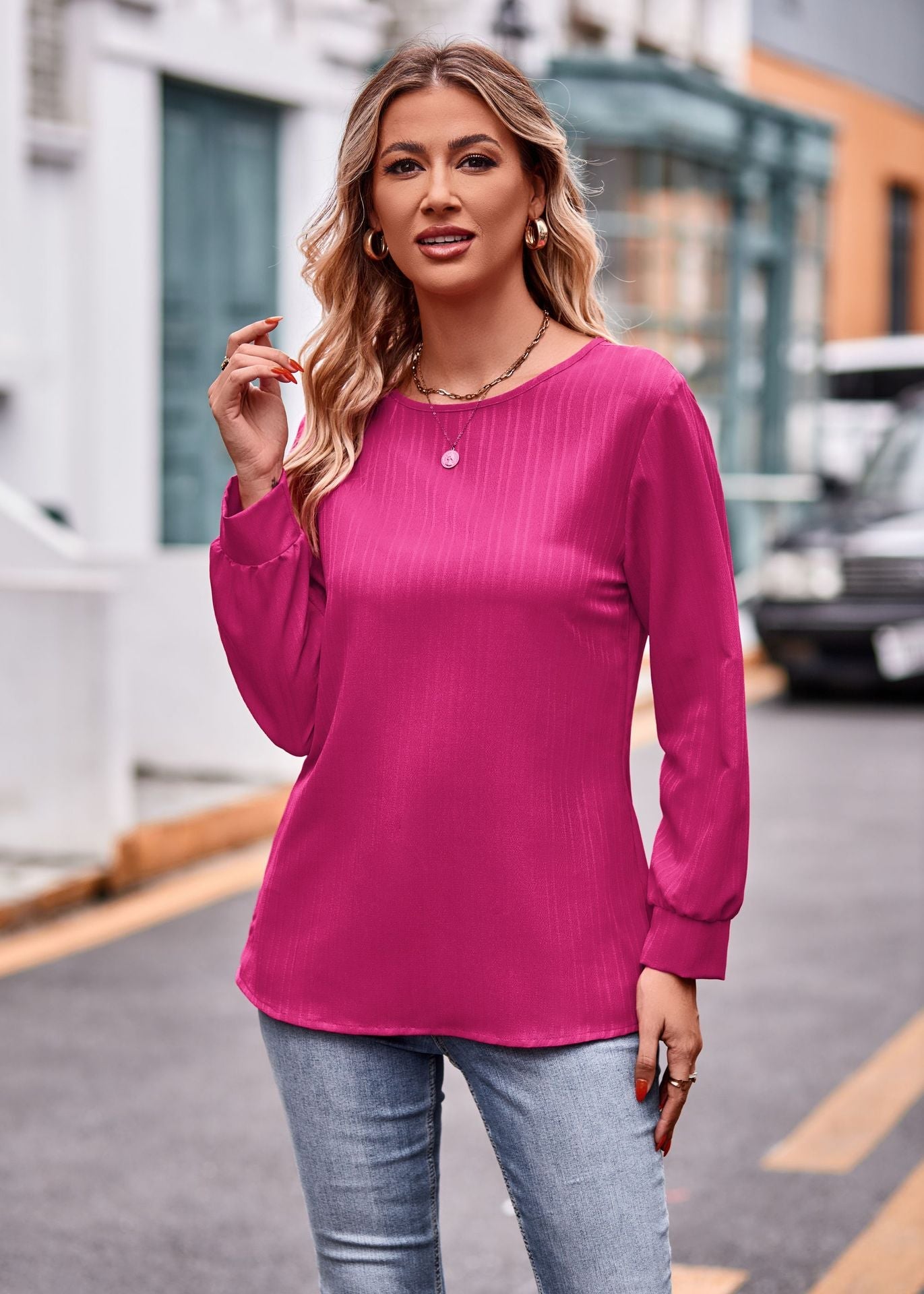 IvyShape | Solid Color Double Line Jacquard Long Sleeve Tee Top