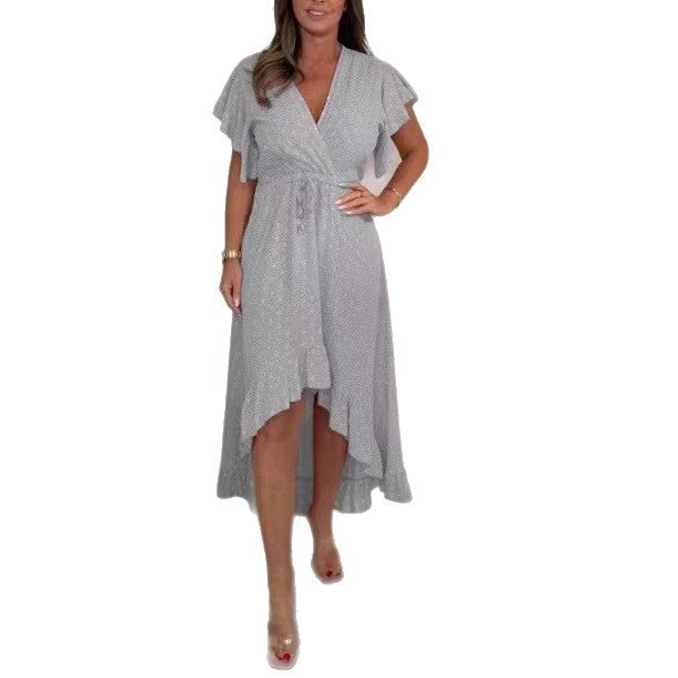 Women High-Low Ruffle Shirt Wrap Dress Ivyshape