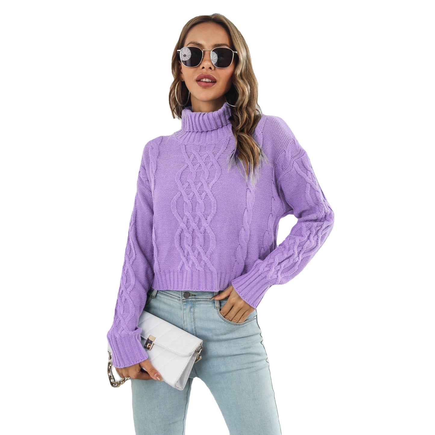 Women's chunky knit sweater with high collar and cable pattern Ivyshape