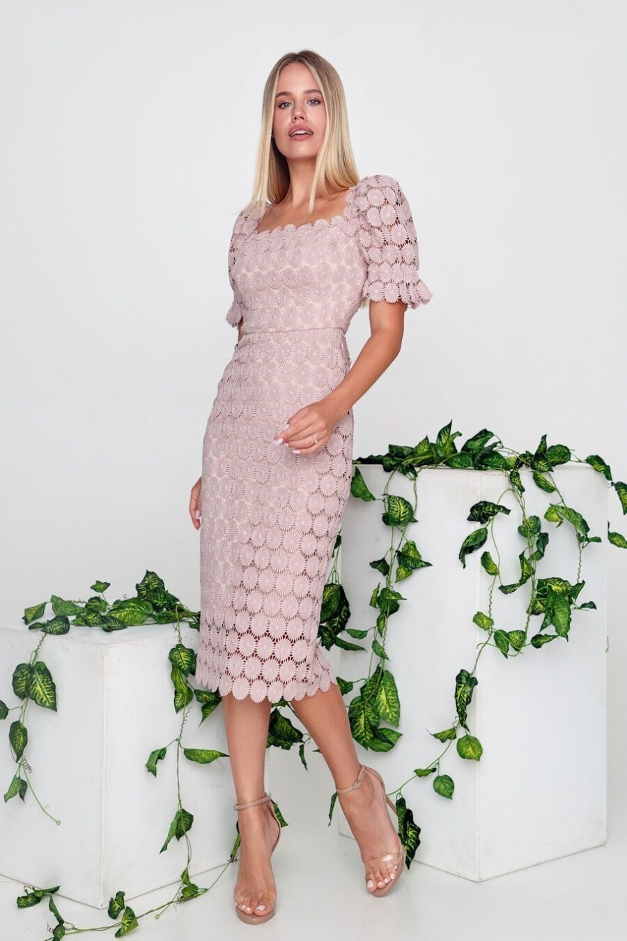 IvyShape | Pink Mid-Waist Solid Color Strapless Midi Dress