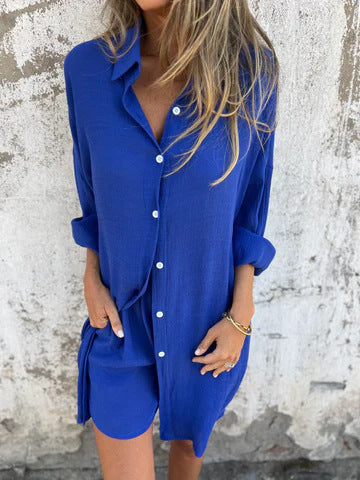 Ladies long-sleeved shirt blouse in oversized style with button placket Ivyshape