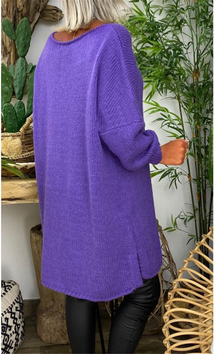 Women's casual long sleeve knitted sweater in oversized style with side slits Ivyshape