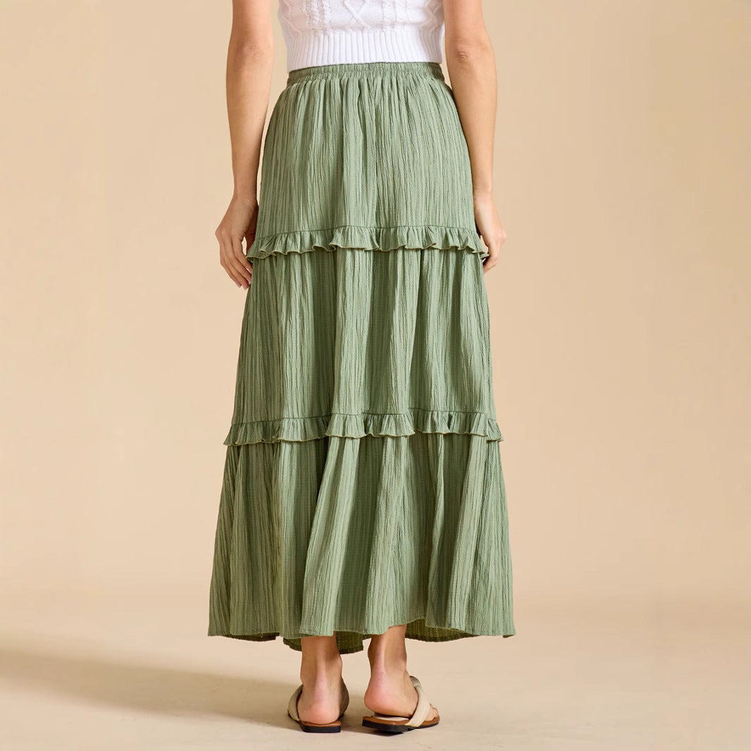 Women's Long Flared Skirt with Ruffles and Elastic Waist Ivyshape