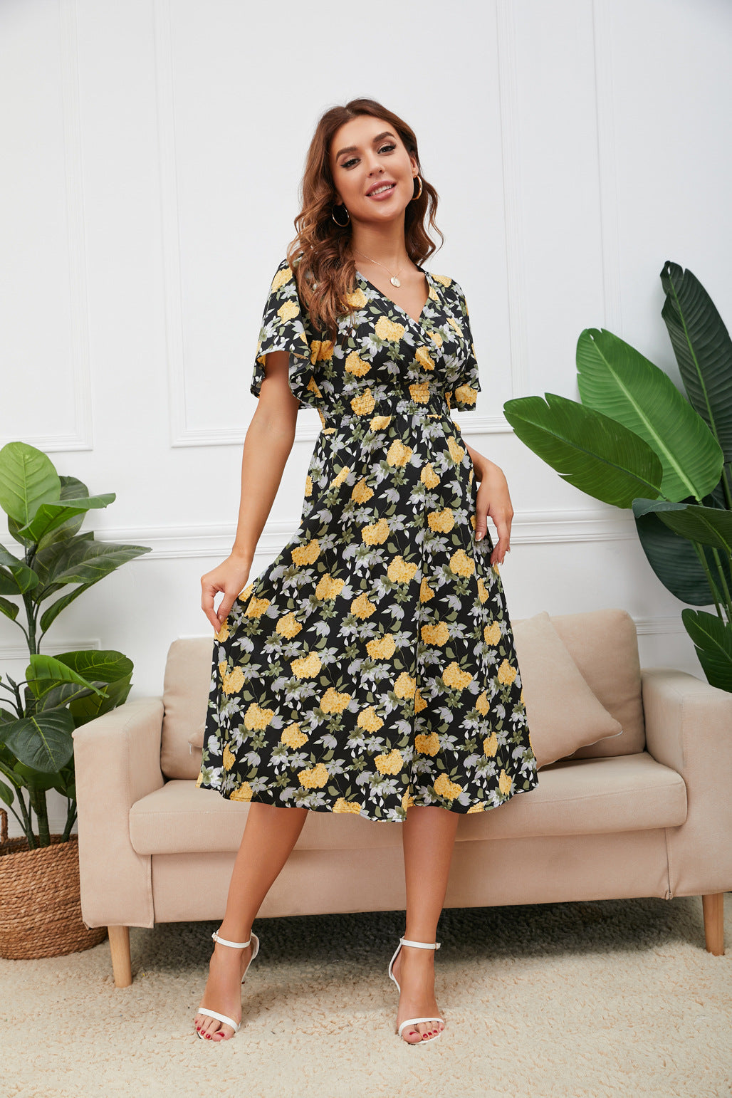 Women’s Midi Dress with Floral Pattern Ivyshape