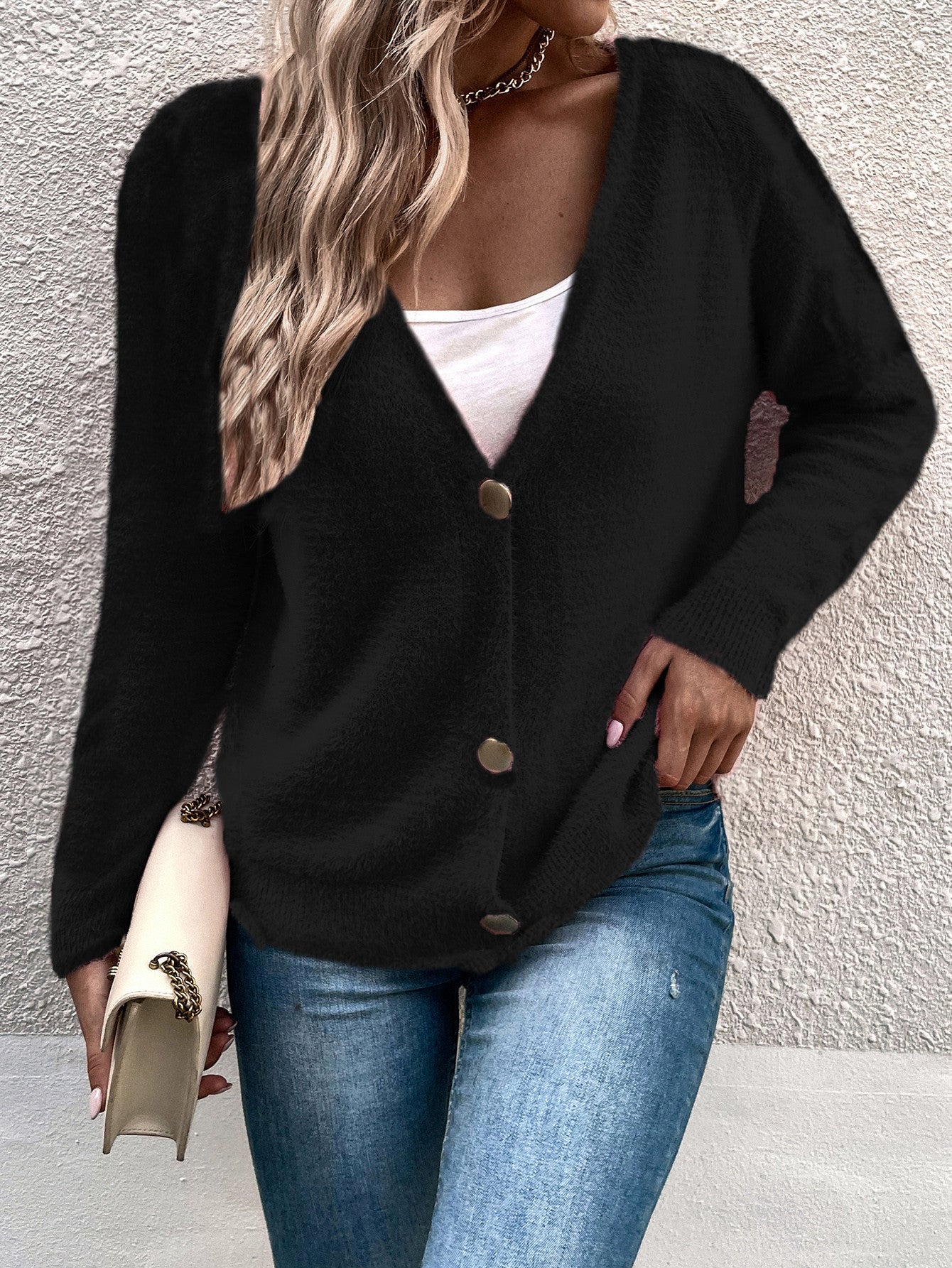 Women's Cozy V-Neck Cardigan with Button Details Ivyshape