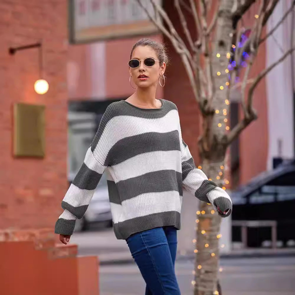 IvyShape | Rolled Edge Round Neck Striped Color Block Sweater