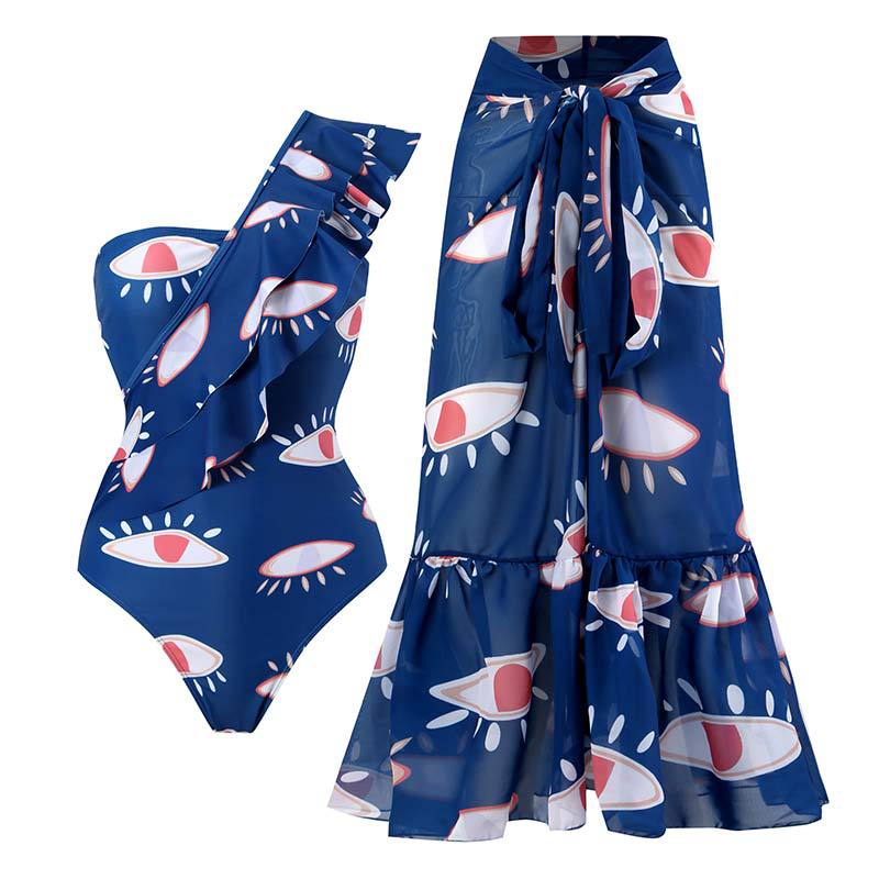 Women's one-piece swimsuit with asymmetrical ruffle design and elegant wrap skirt vest Ivyshape