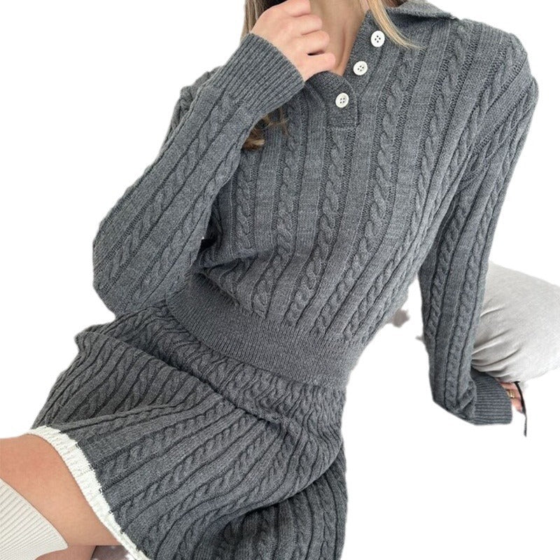 Women's knitted dress with modern polo collar and fine cable pattern Ivyshape