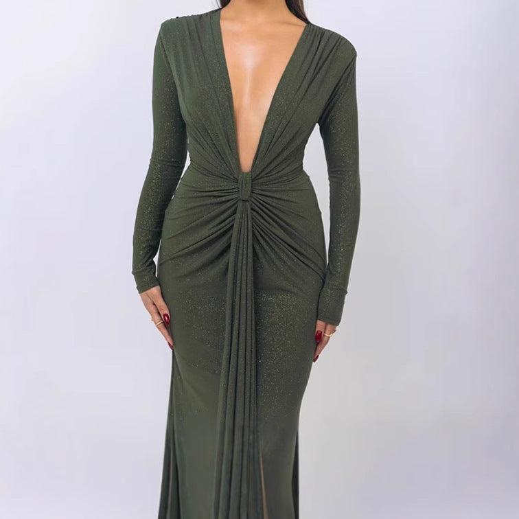 Women Elegant Wrap Dress with Deep V-Neck and Figure-Hugging Design Ivyshape