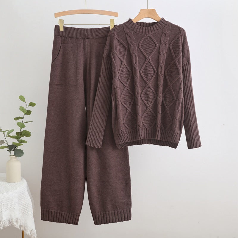 IvyShape | Twisted knit sweater and wide pants set