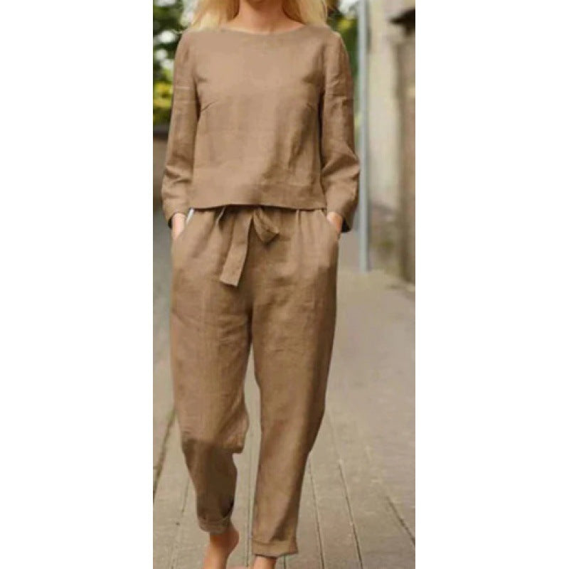 Women's Casual Linen Set with Elegant Top and Loose Pants Ivyshape