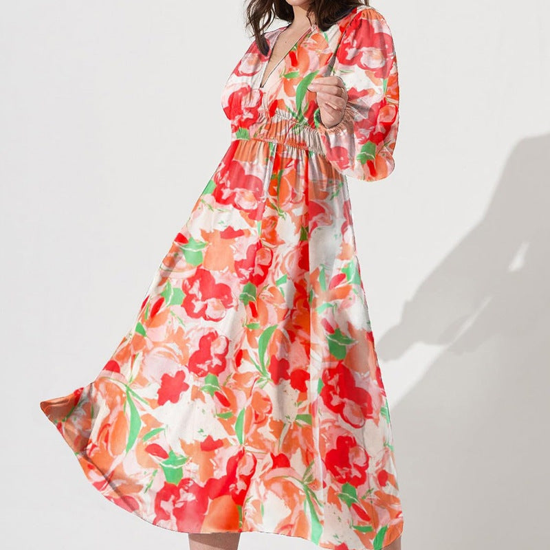 Ivyshape | Women’s Printed V-Neck Long Sleeve Summer Maxi Dress