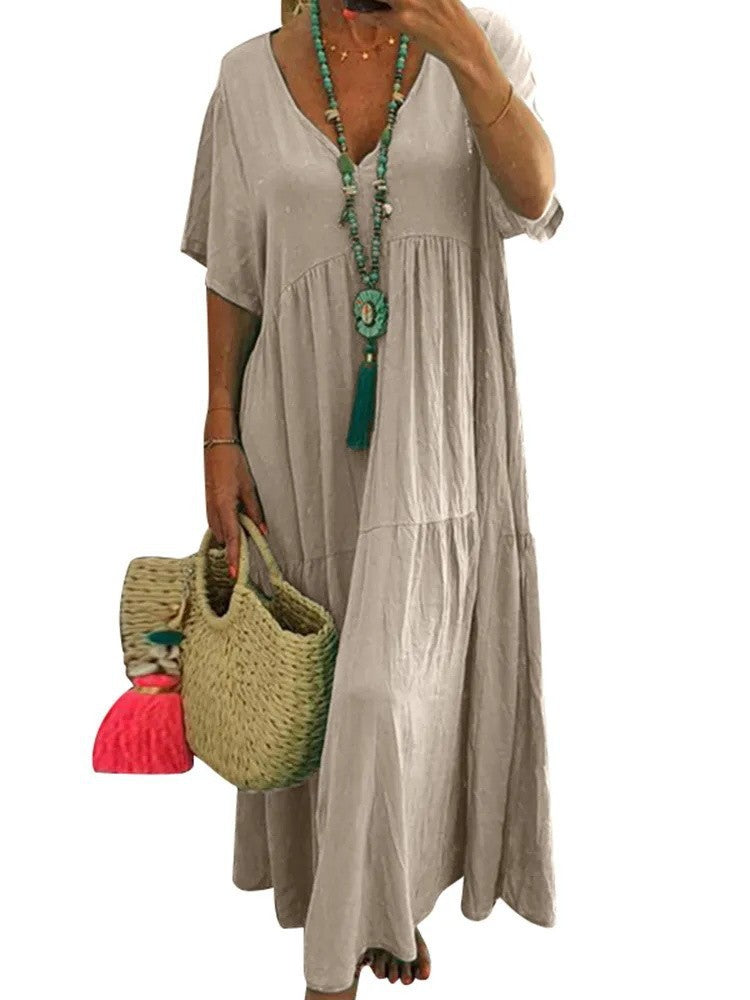 Women's airy boho maxi dress with flouncy hem and deep V-neck Ivyshape