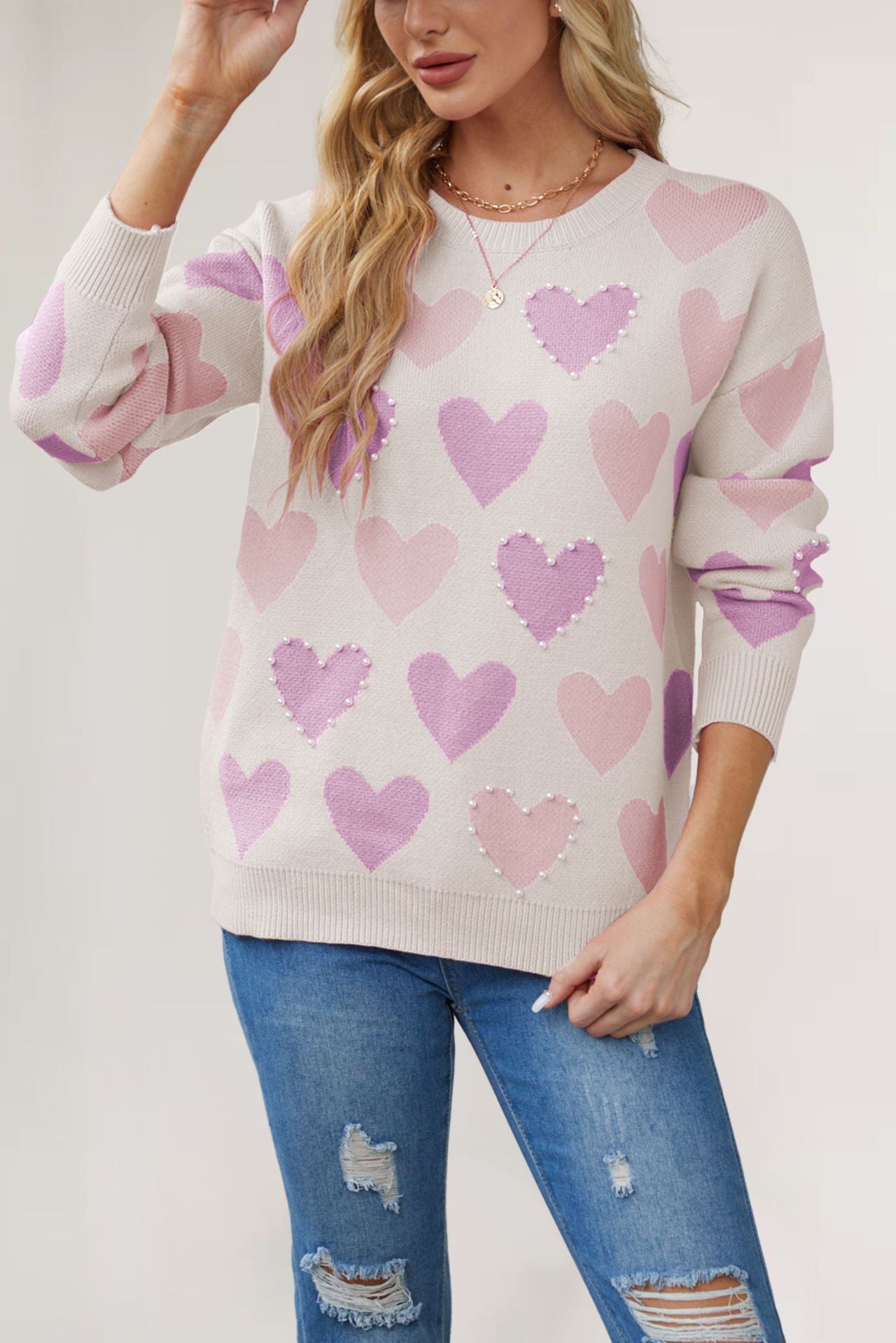 IvyShape | Valentine's Day Heart Beads Sweater