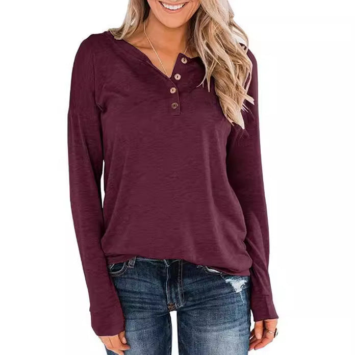 Women's Fashion Long Sleeve Henley Shirt with Button Placket Ivyshape