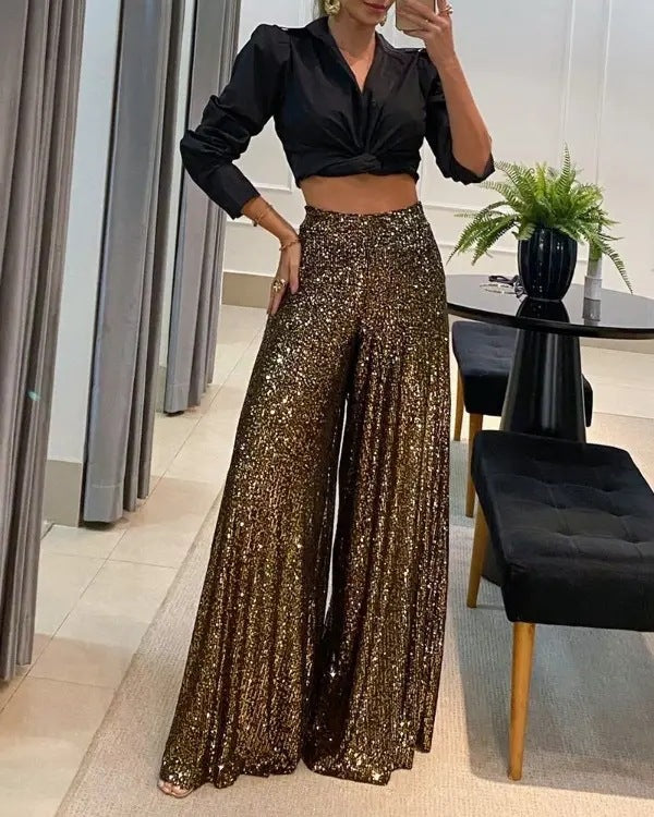 Ivyshape | Sequined High Waist Wide Leg Pants