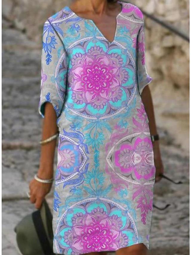 Women Elegant Bohemian Printed Shift Dress Ivyshape