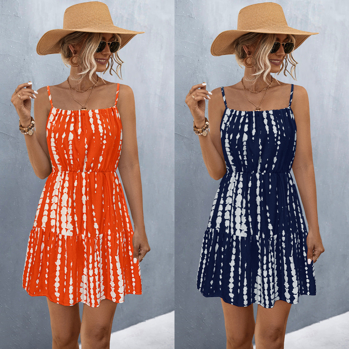 Women's Lightweight Spaghetti Strap Dress with Voluminous Skirt and Stylish Tie-Dye Design Ivyshape