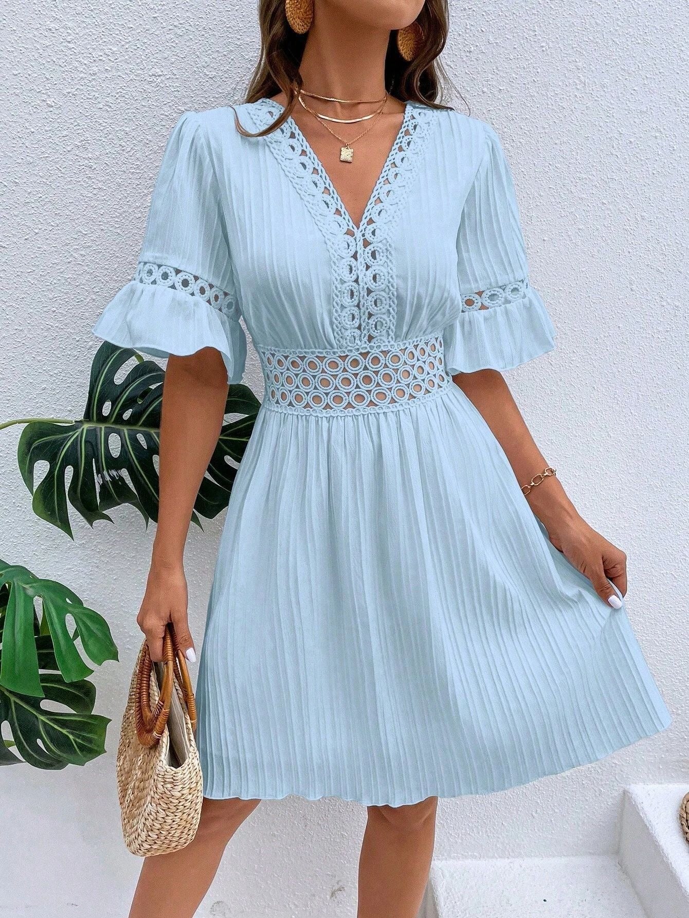 Women Elegant Midi Dress with Unusual V-Neck and Feminine Ruffle Detail Ivyshape