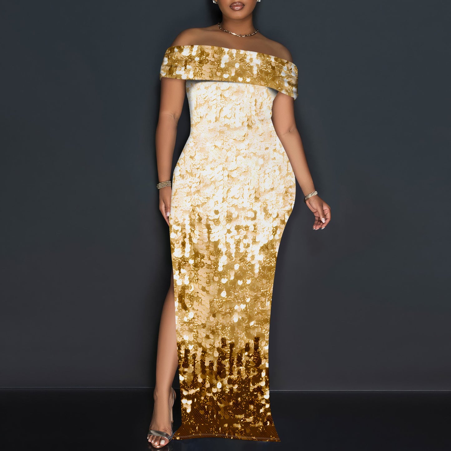 Women's Off-Shoulder Maxi Dress with Glamorous Glitter Design Ivyshape