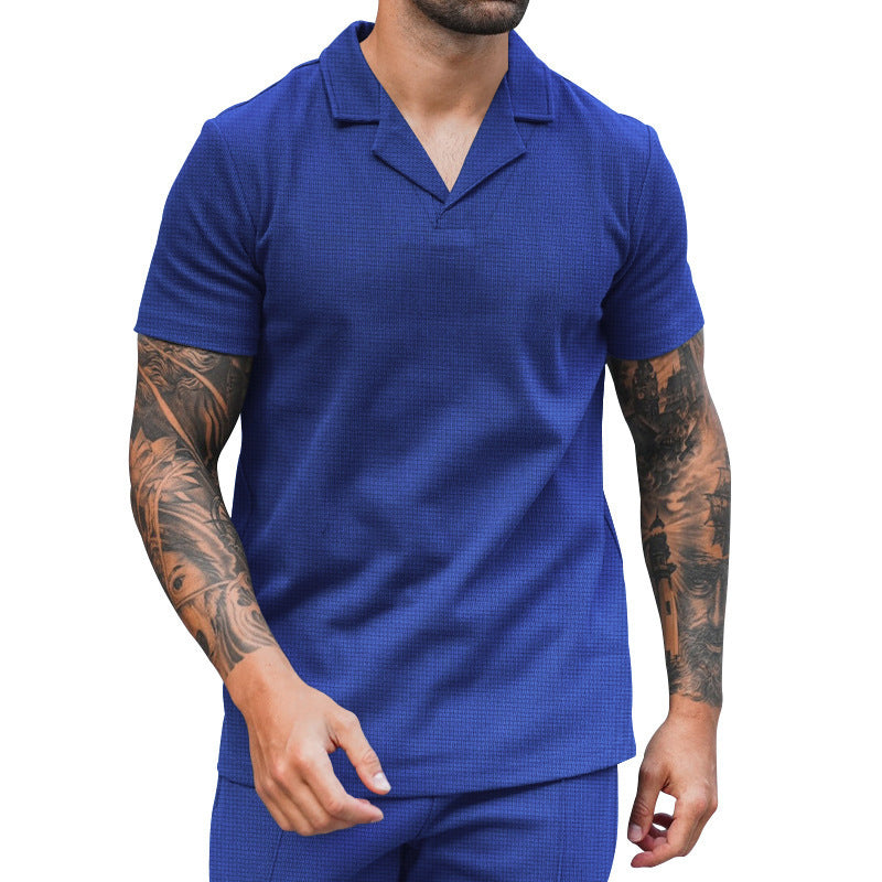 Men's short sleeve shirt with classic Henley neckline and textured surface Ivyshape