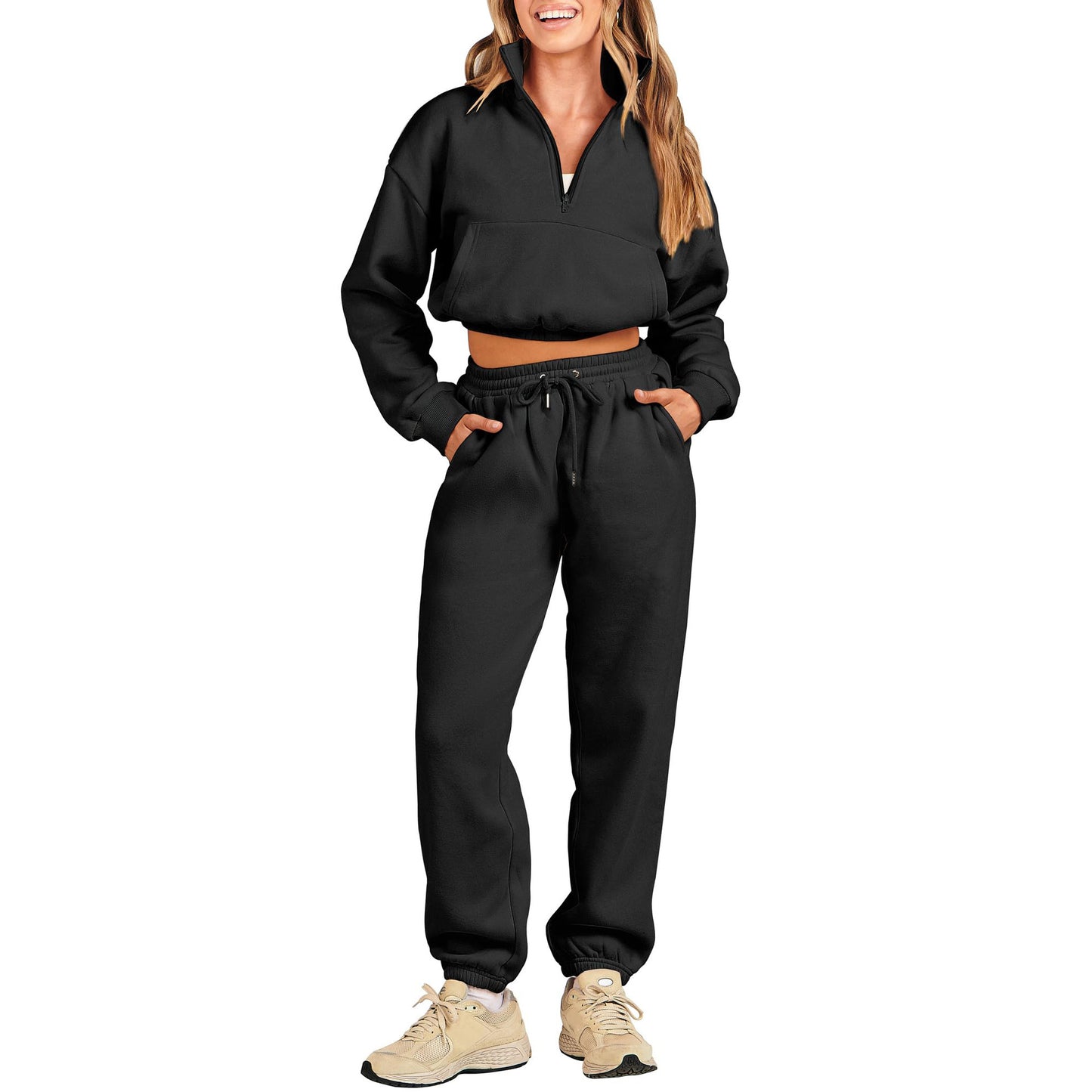 Women's cozy sweatshirt with half zip and elastic waistband Ivyshape