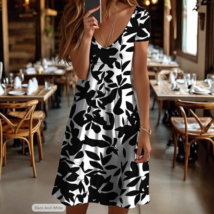 Women's casual dress with modern leaf pattern Ivyshape