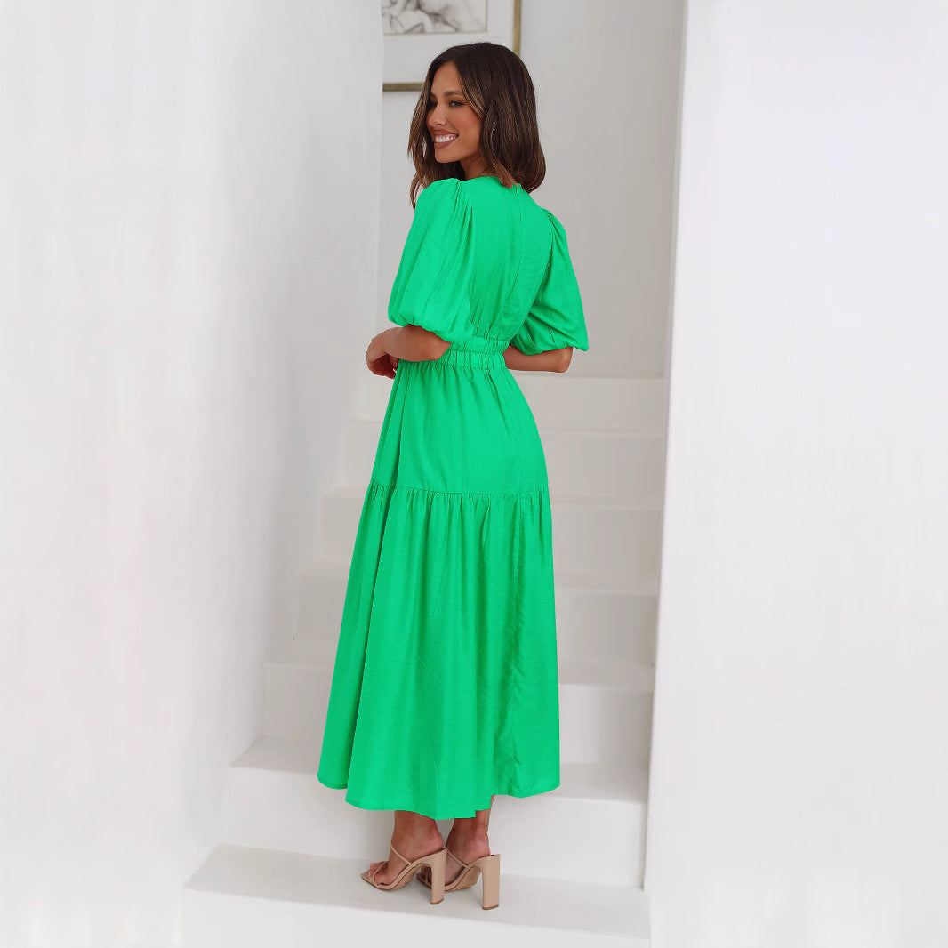 Women's Maxi Dress with V-Neck and Puff Sleeves Ivyshape