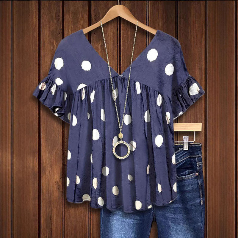 Women flowing polka dot shirt with V-neck and ruffle details Ivyshape