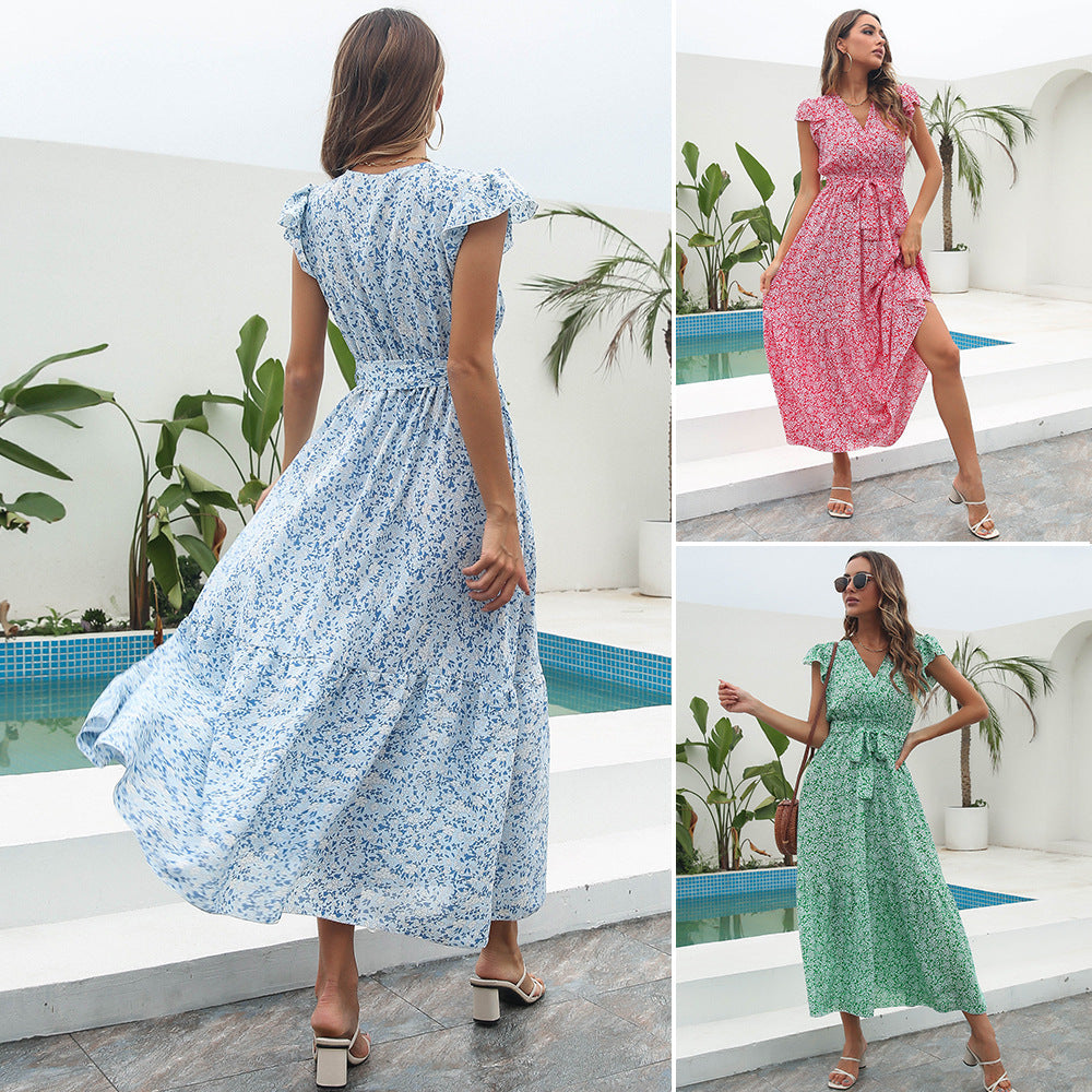 Ladies maxidress with floral pattern and waist belt Ivyshape