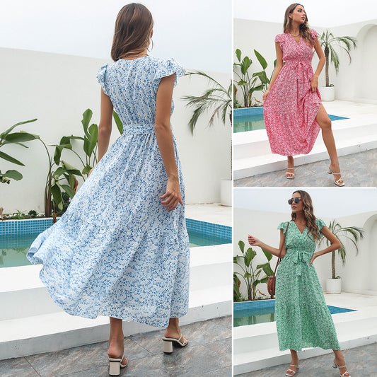 Ladies maxidress with floral pattern and waist belt Ivyshape