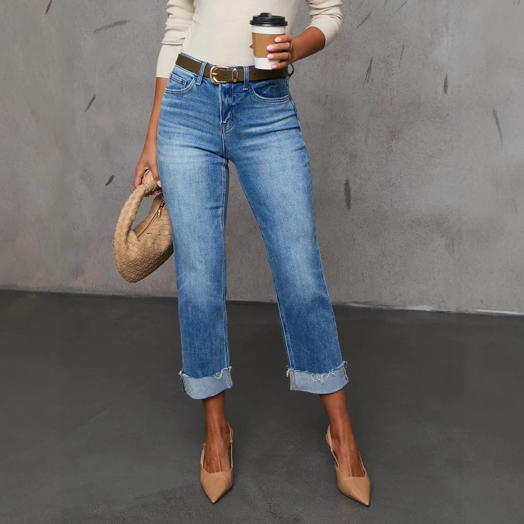 Women's mom jeans in a casual cropped style with frayed edges Ivyshape