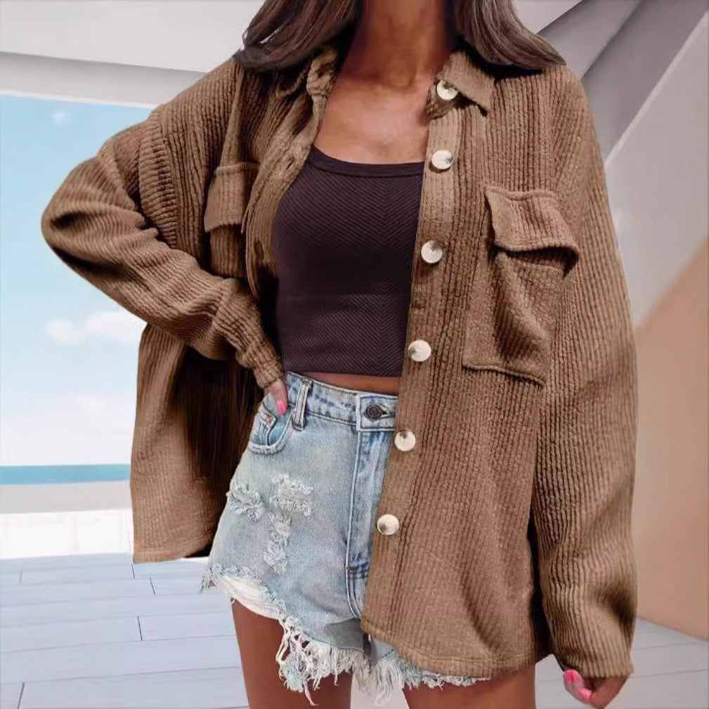 Women's casual oversized shirt blouse with textured design and practical pockets Ivyshape