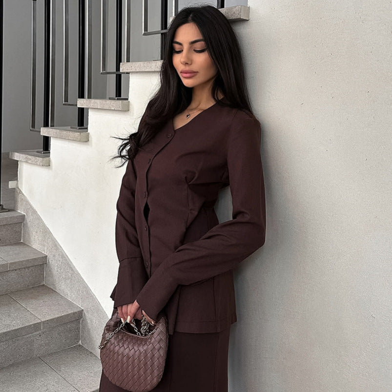 Women Elegant Two-Piece Suit Set with Swing Top and Floor-Length Skirt Ivyshape