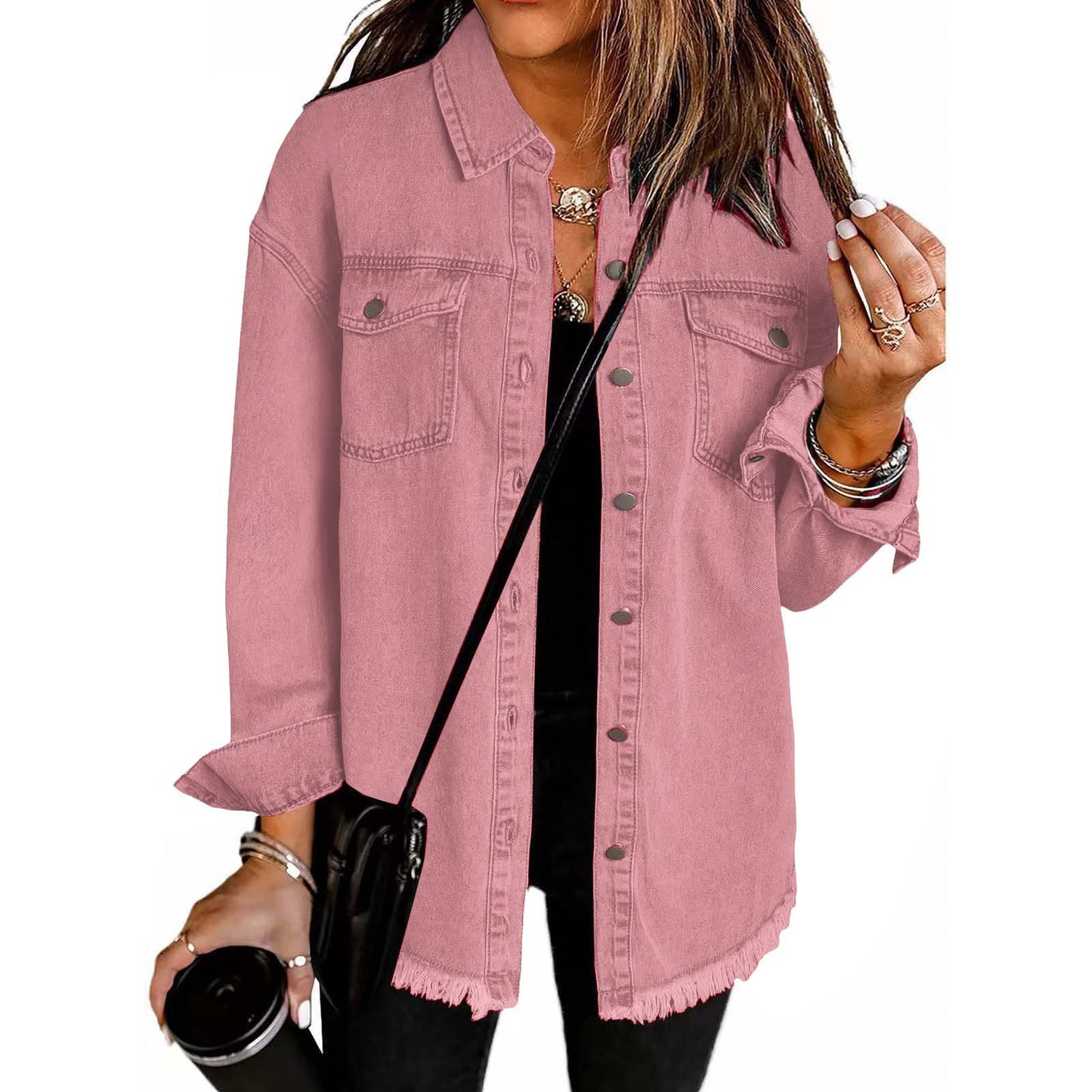 Women's Casual Denim Shirt with Frayed Hem and Practical Chest Pockets Ivyshape