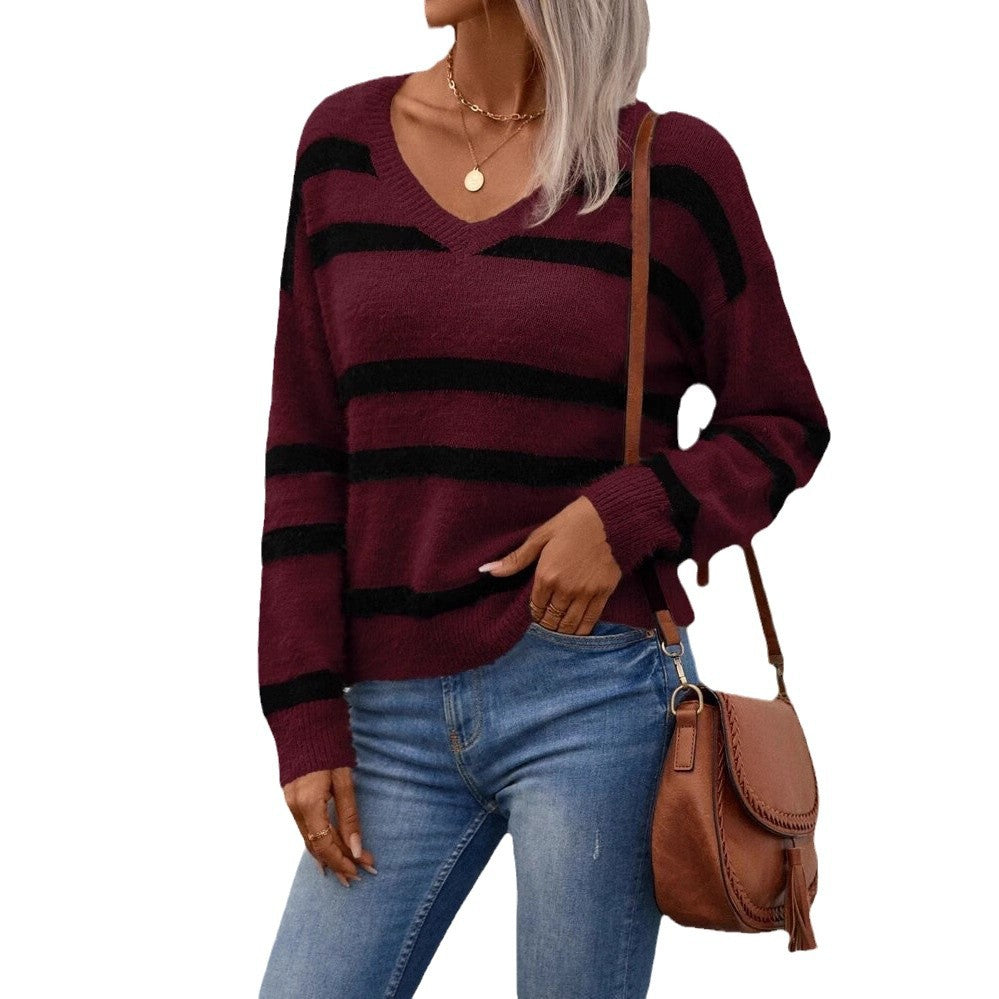 IvyShape | Lazy Striped V-Neck Knitwear