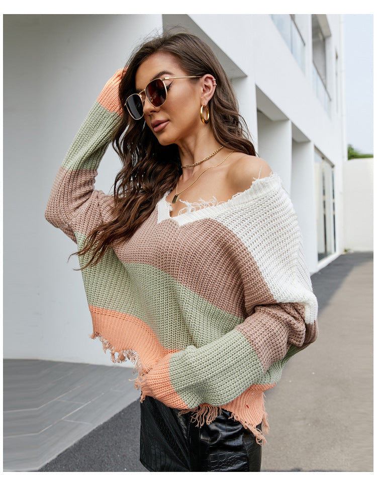 IvyShape | V-neck fringe sweater