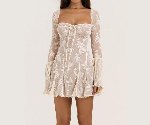 Ivyshape | Sleeve Lace Dress with Self-Tie Detail