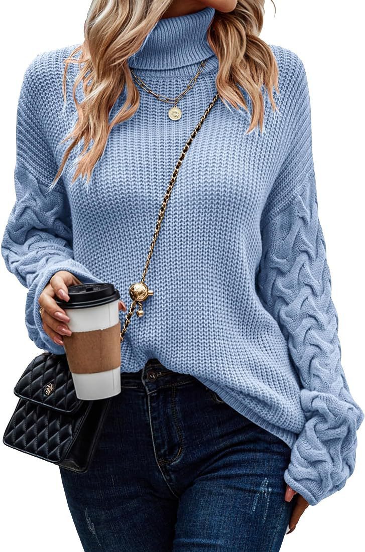 IvyShape | Fashionable Turtleneck Loose Cable Knit Long Sleeve Sweater