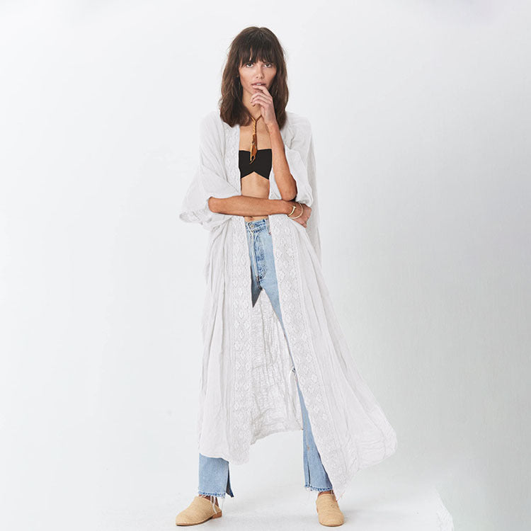 Women's long, airy wrap robe with fine lace appliqués Ivyshape