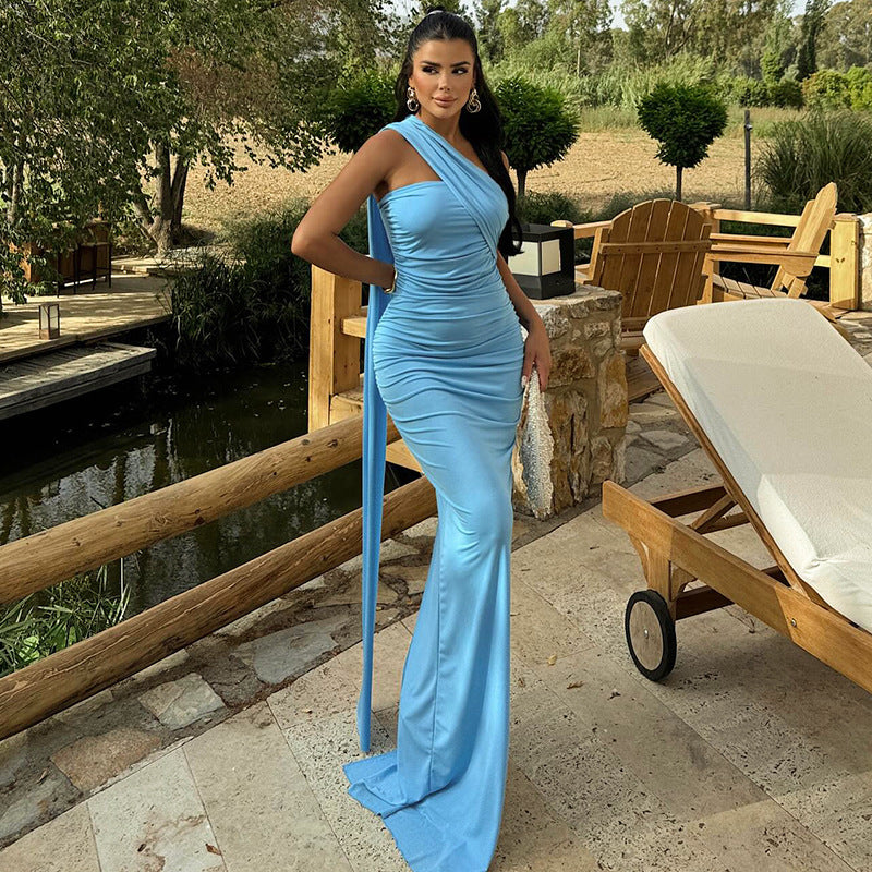 Women Elegant Tailored Evening Dress with Asymmetrical Neckline and Flowing Chiffon Ivyshape