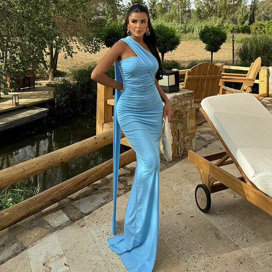 Women Elegant Tailored Evening Dress with Asymmetrical Neckline and Flowing Chiffon Ivyshape