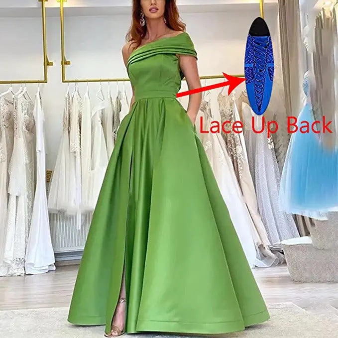 IvyShape | Sexy One-Shoulder Satin Green High-Slit Dress