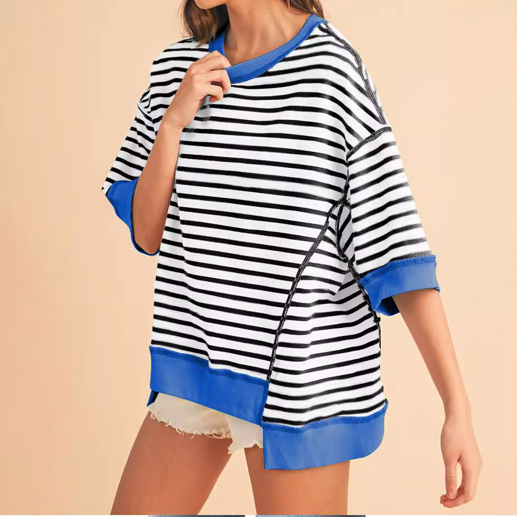 IvyShape | Fashion Striped Color Block Short Sleeve Top