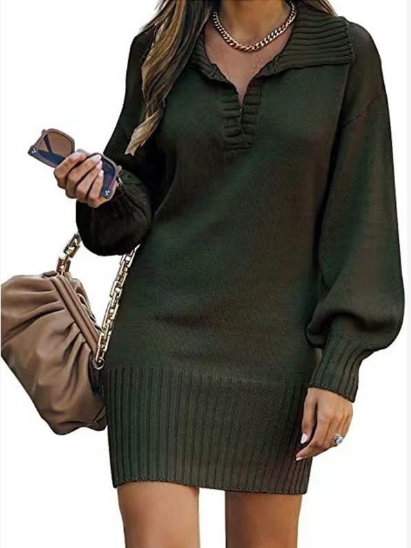 Women's knitted dress with playful V-neck and rolled edge Ivyshape
