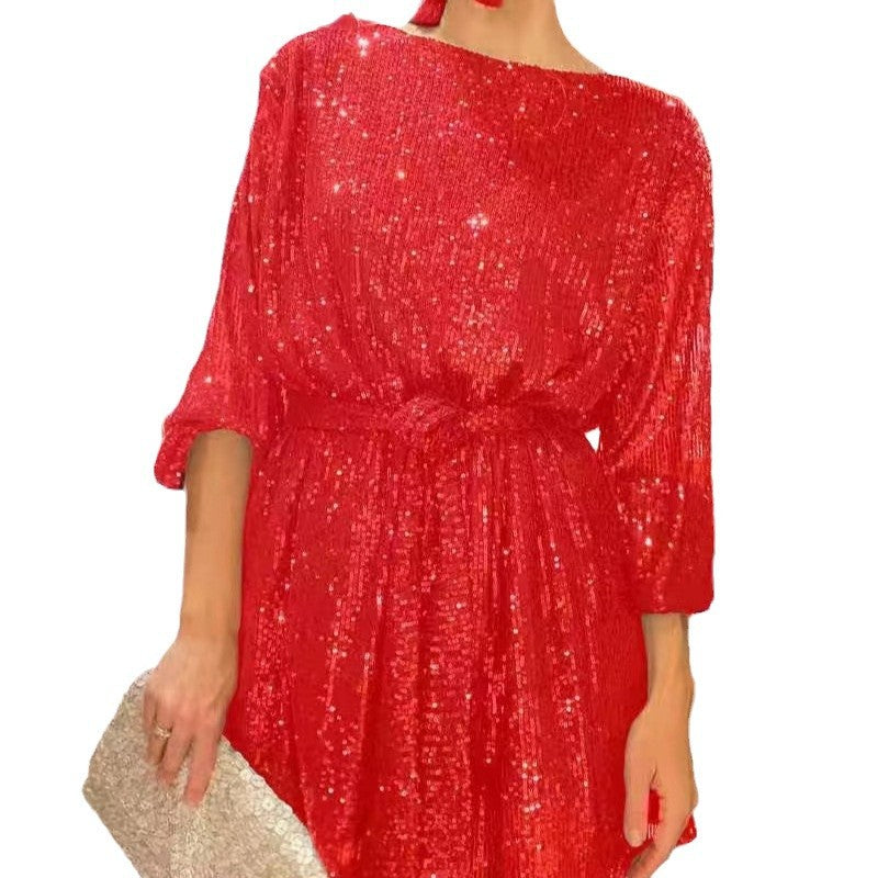 Women's Sparkling Mini Dress with Long Sleeves and Iridescent Fabric Ivyshape