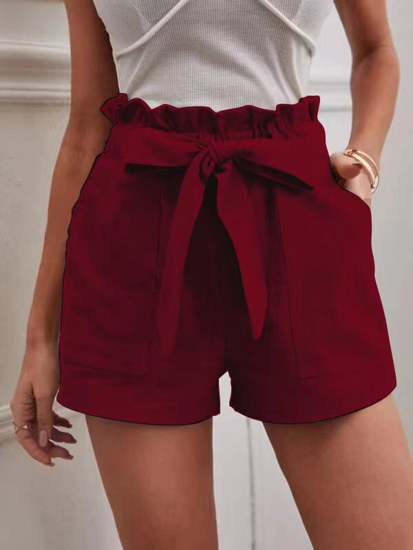 Women's elegant linen shorts with tie belt and wide waistband Ivyshape