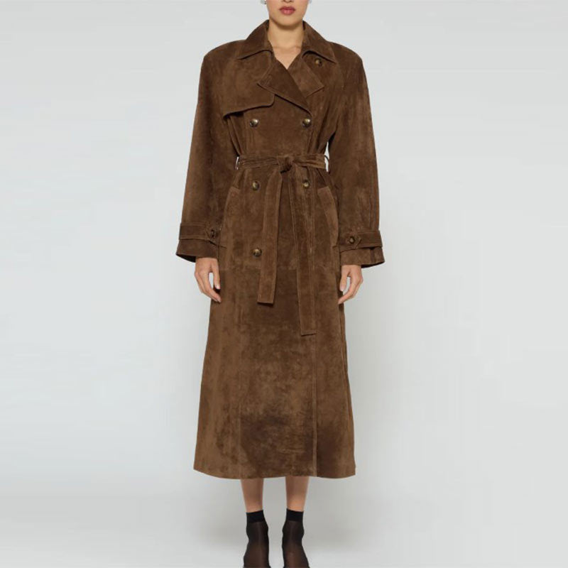 Women Elegant Suede Trench Coat with Tailored Cut and Removable Belt Ivyshape