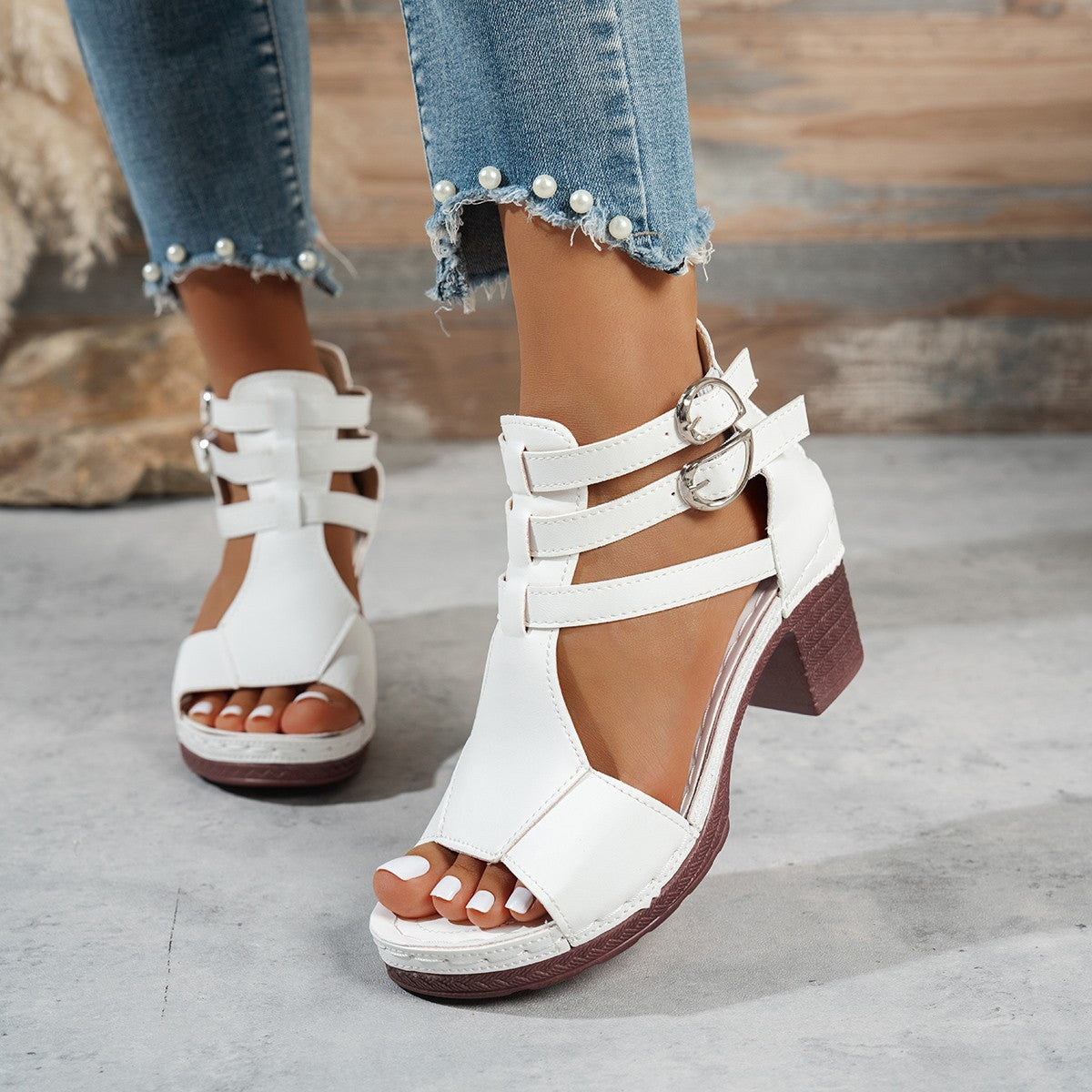 Women Open Shoes with Adjustable Straps and Block Heel Ivyshape