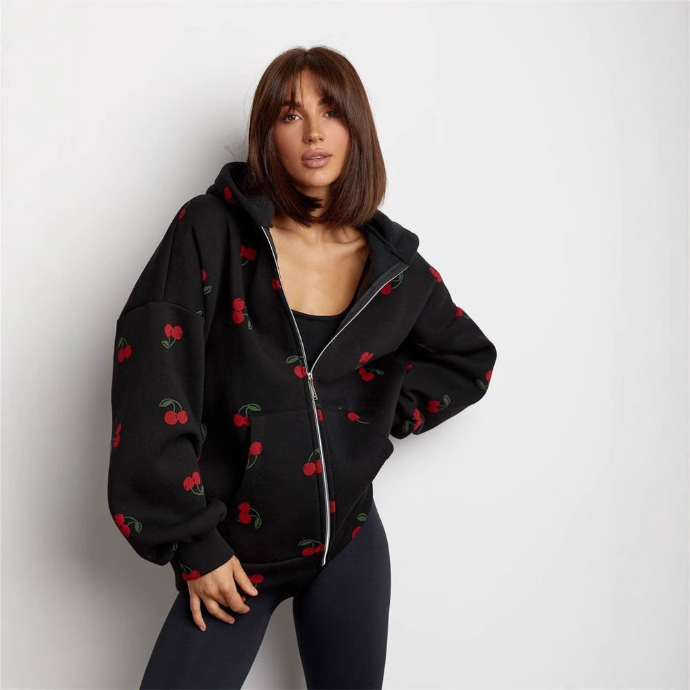 Women's hoodie with fresh cherry pattern and oversized fit Ivyshape